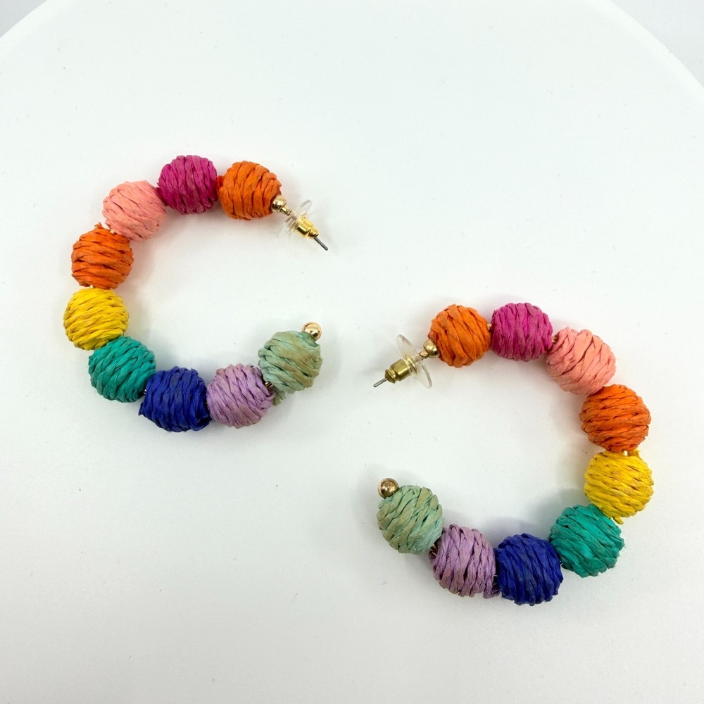 Vintage Rainbow Raffia Hoop Earrings Colorful Woven Straw Ball C-Hoop Statement